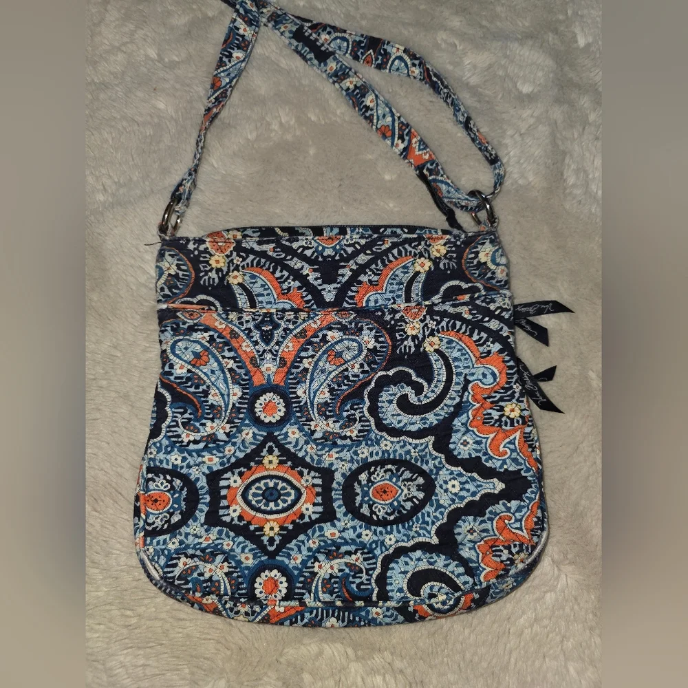 Vera Bradley 3 Zip Crossbody Purse/Bag Blue and Orange Retired Design - Picture 3 of 11